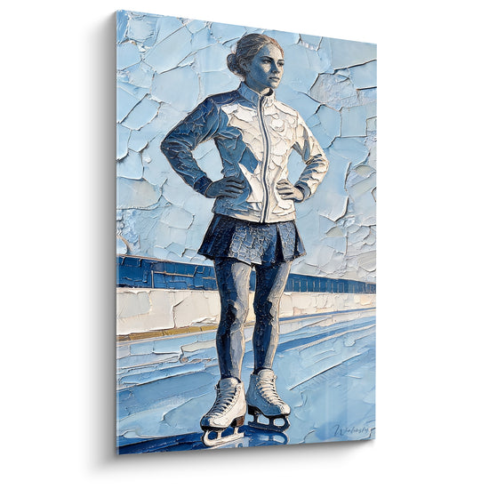 Tableau Patineuse veste blanche et bleue mains sur hanches - Bordure de patinoire ocre - Edition Patinage artistique
