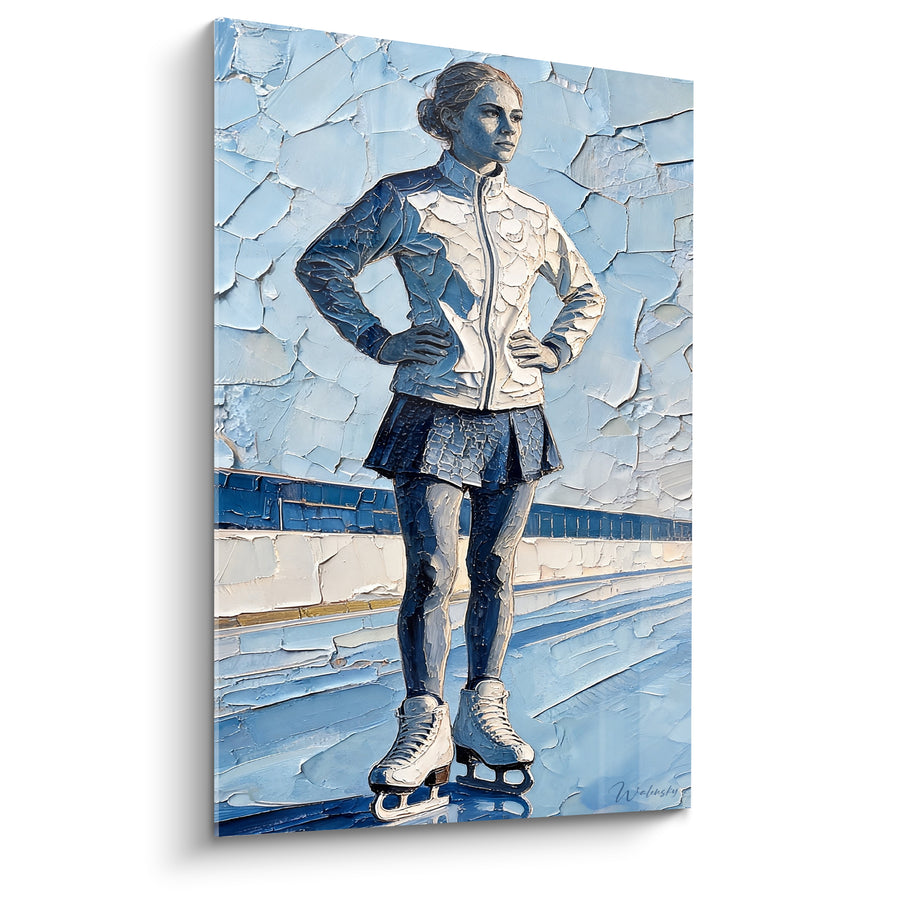 Tableau Patineuse veste blanche et bleue mains sur hanches - Bordure de patinoire ocre - Edition Patinage artistique