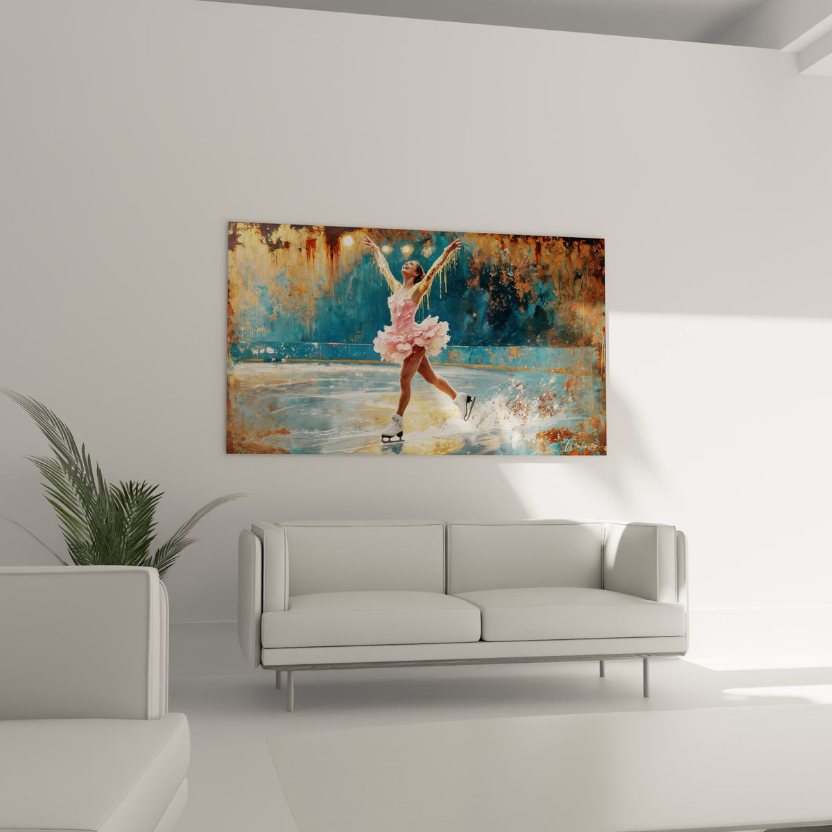 Silhouette en tutu rose glissant sur fond bleu pétrole, œuvre suspendue au-dessus d'un canapé dans un salon lumineux