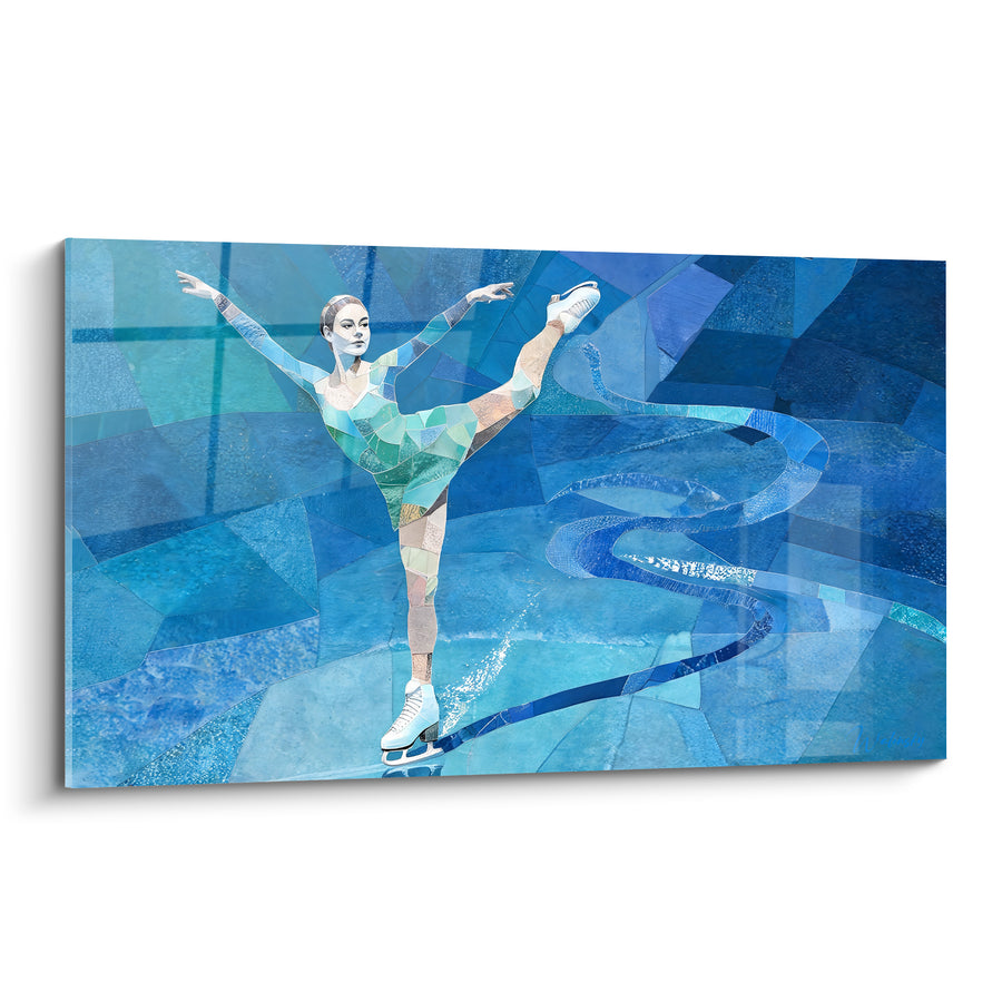 Tableau Patineuse mosaïque bleue et verte en arabesque - Trace sinueuse sur la glace - Edition Patinage artistique