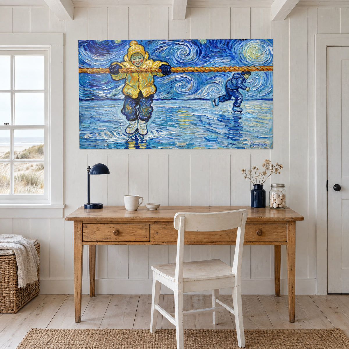Wall art child in yellow parka clinging to an orange rope, blue skater in the background, star-shaped spirals, light wood desk