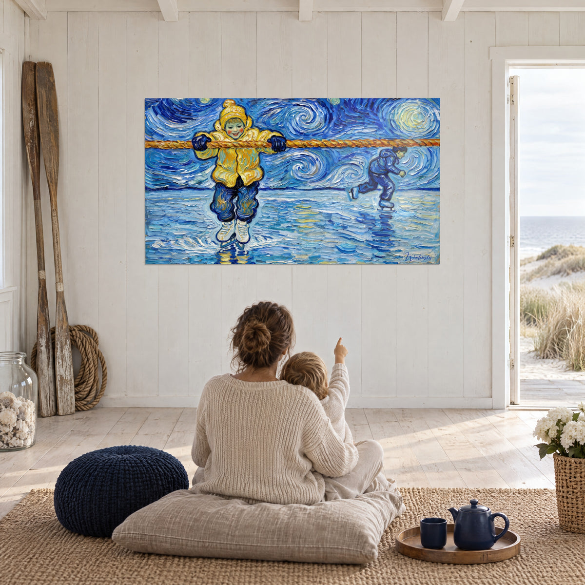 Wall art winter ice skating scene, bright yellow coat, blue reflections on the ice, swirling sky, living room facing the sea