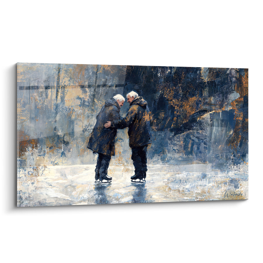 Tableau Patineurs âgés bleu marine et doré - Tendresse hivernale - Edition Patinage artistique