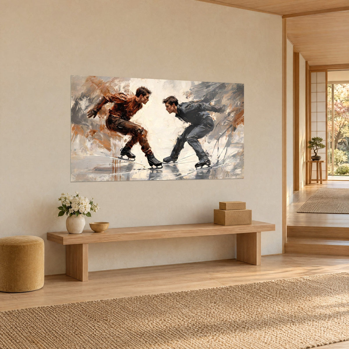 Wall art of two skaters facing each other, rust shirt and black jacket, ochre streaks on silvery ice, hung near a light wood bench