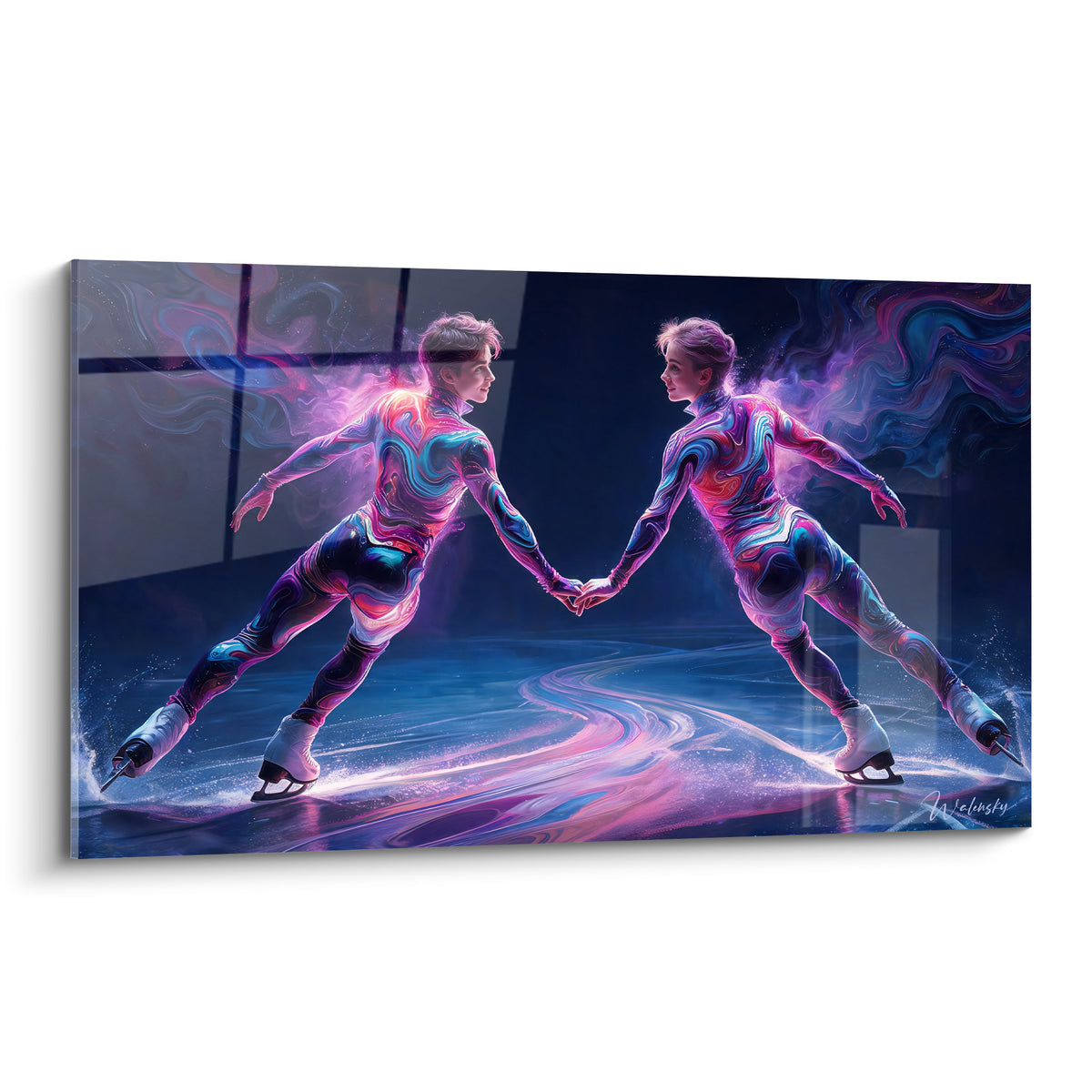 Wall art two blue and violet figure skaters holding hands on bright iridescent ice