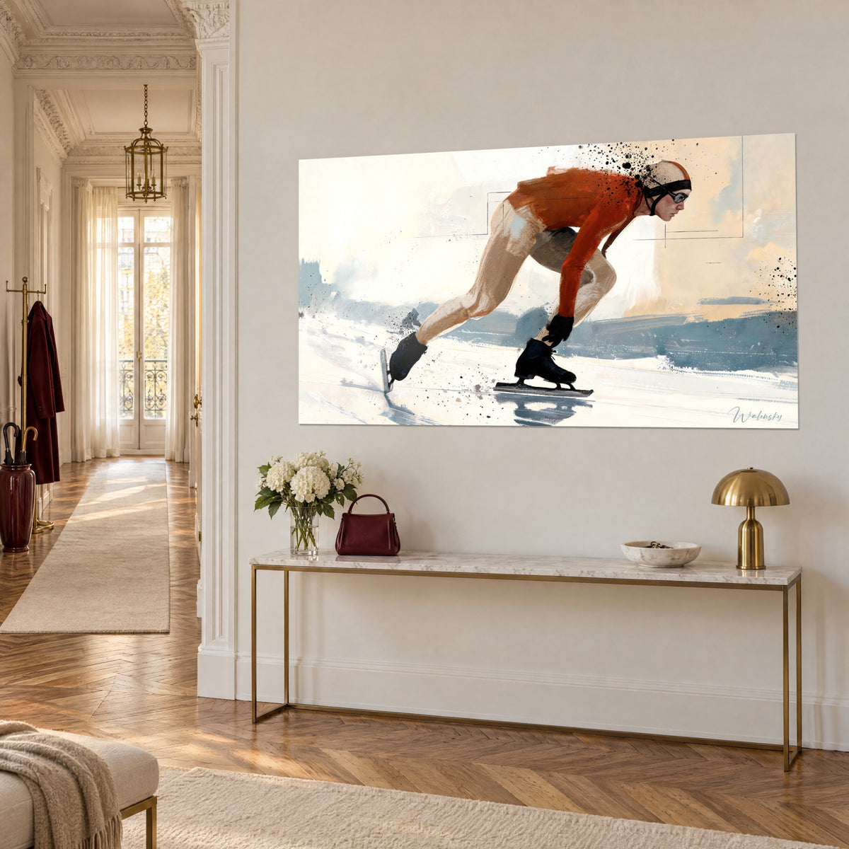 Silhouette dynamique en orange et noir glissant sur la glace, au-dessus d'un canapé dans un salon lumineux
