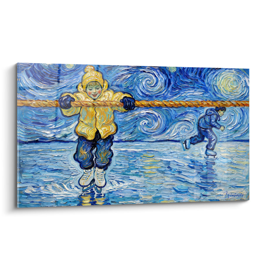 Tableau Enfant patineur en manteau jaune tourbillonnant - Envol hivernal - Edition Patinage artistique