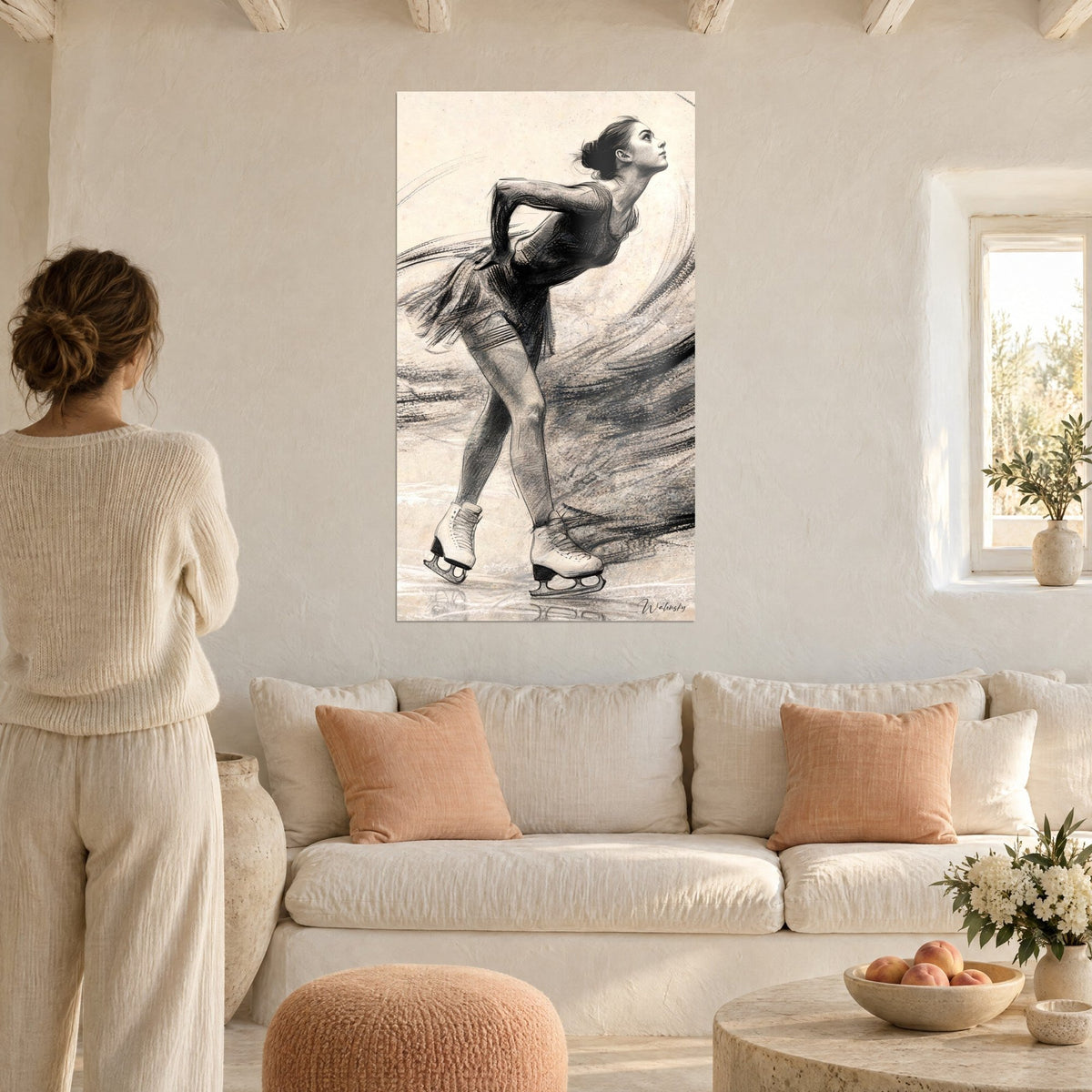 Silhouette gracieuse aux tons ivoire et anthracite, tableau patinage artistique au-dessus d'un lit dans une chambre claire