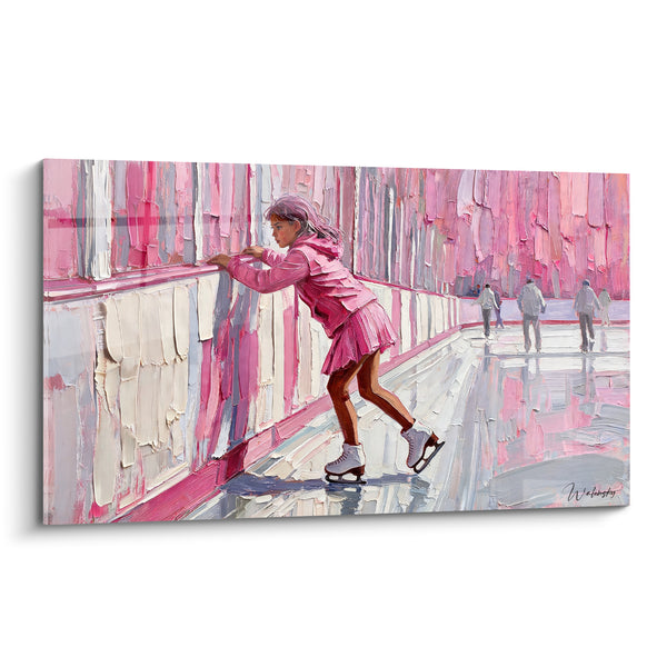 Schilderij Meisje schaatsend roze en wit - Eerste aarzelende stappen - Editie Kunstschaatsen