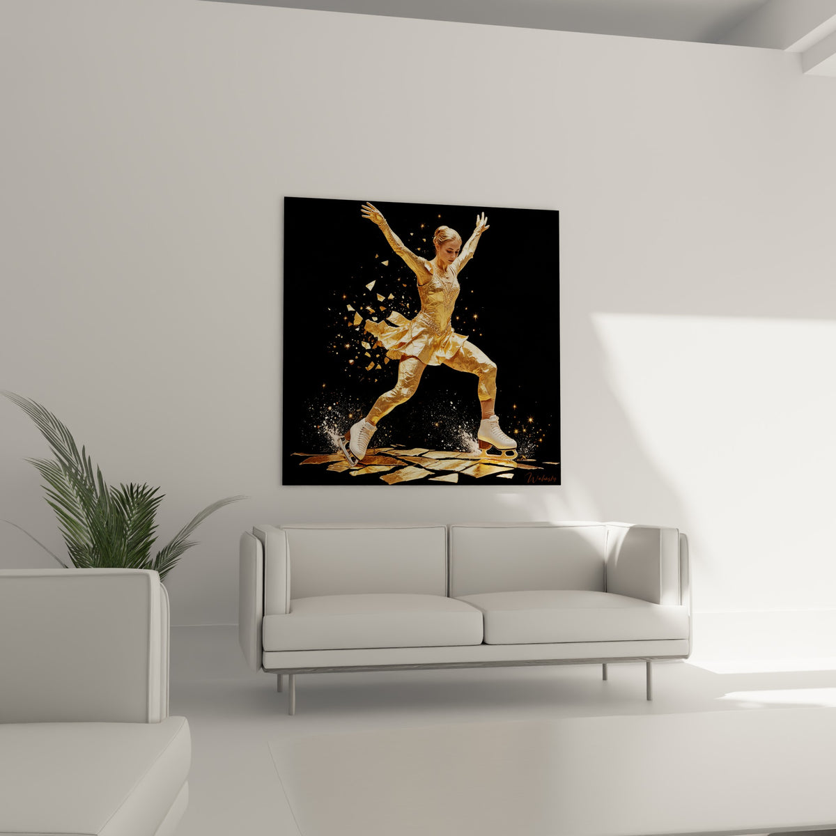 Geste ample d'une patineuse dorée sur fond anthracite, disposée au-dessus d'un canapé dans un salon lumineux