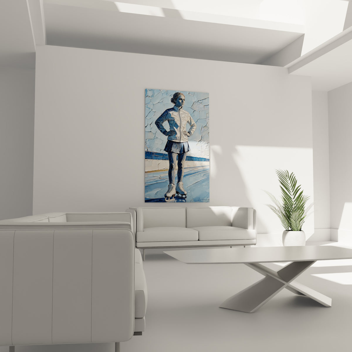 Silhouette figée d'une patineuse en bleu glacier et blanc, au-dessus d'un canapé dans un salon lumineux