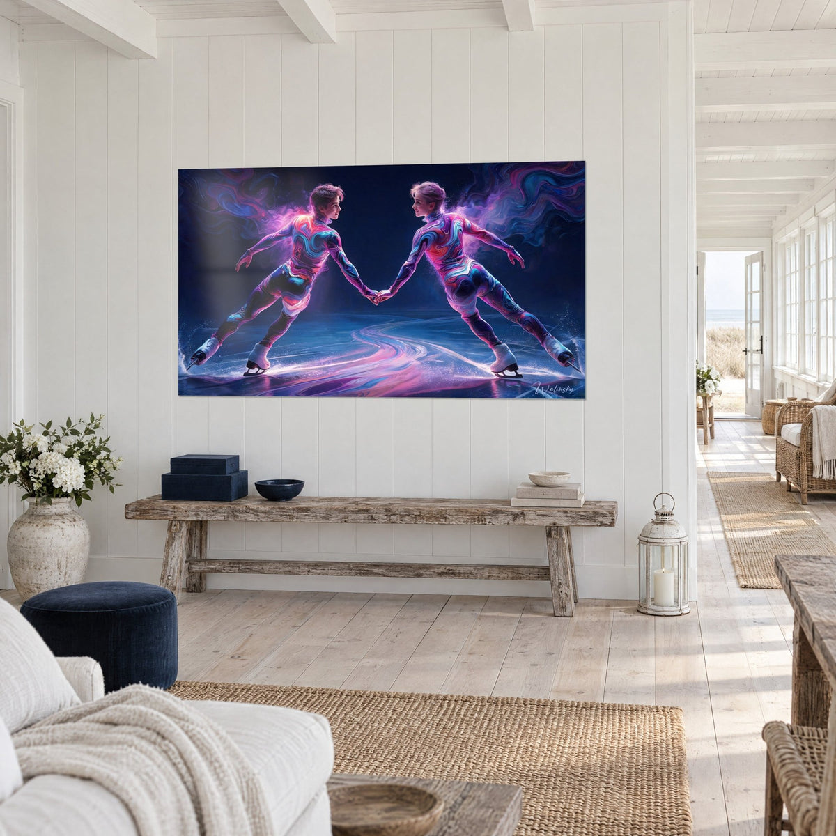 Wall art ice dance couple in midnight blue and magenta, white skates, iridescent trail across the rink, seaside living room