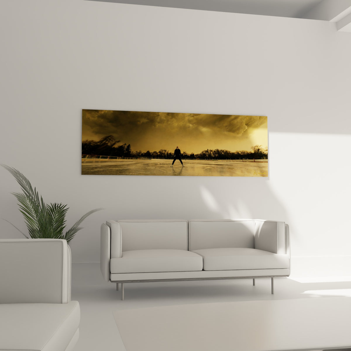 Silence doré d'une scène de patinage artistique, nuages sombres et glace réfléchissante, au-dessus d'un canapé dans un salon lumineux