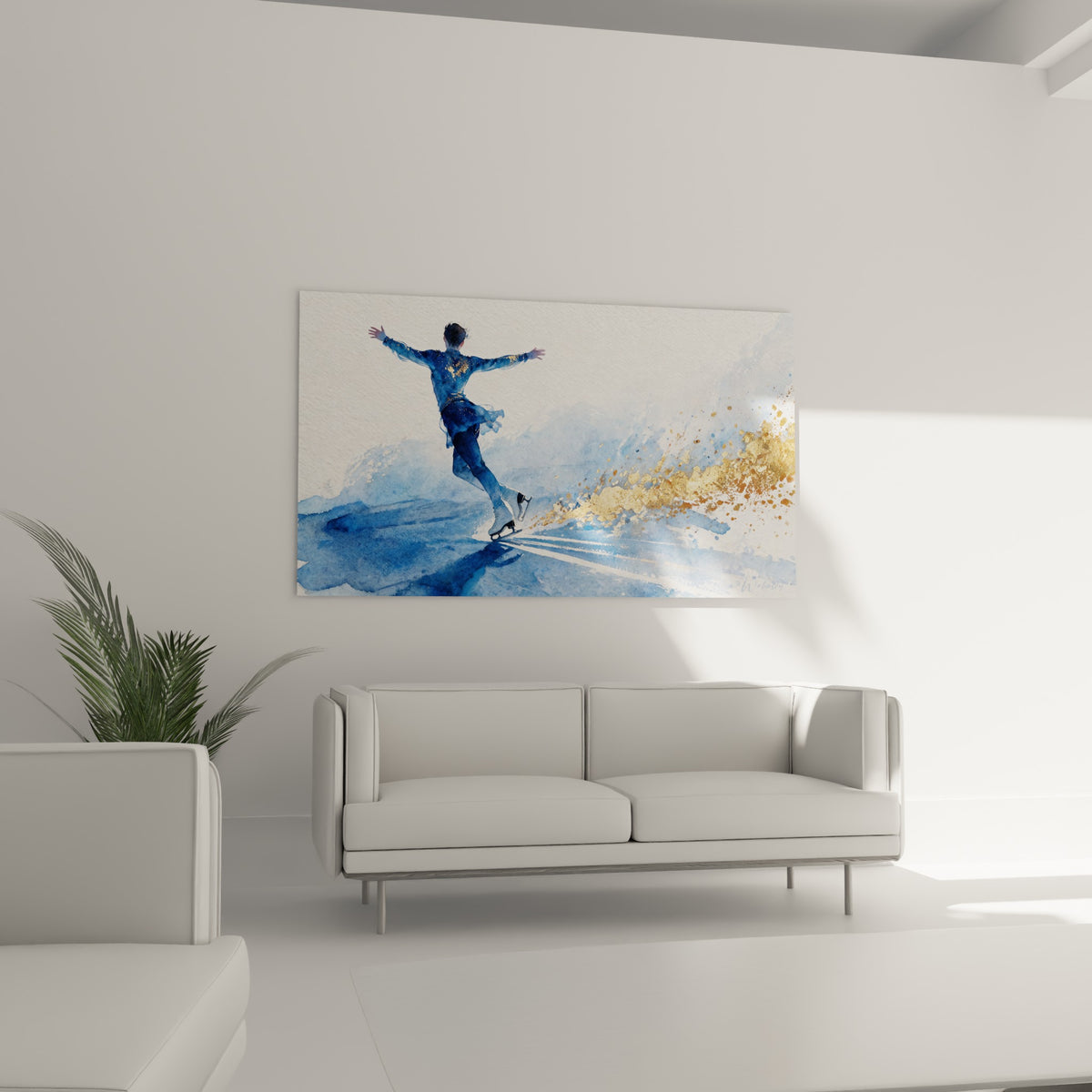 Élan aquarelle bleu et or d'un patineur artistique, disposé au-dessus d'un canapé dans un salon lumineux