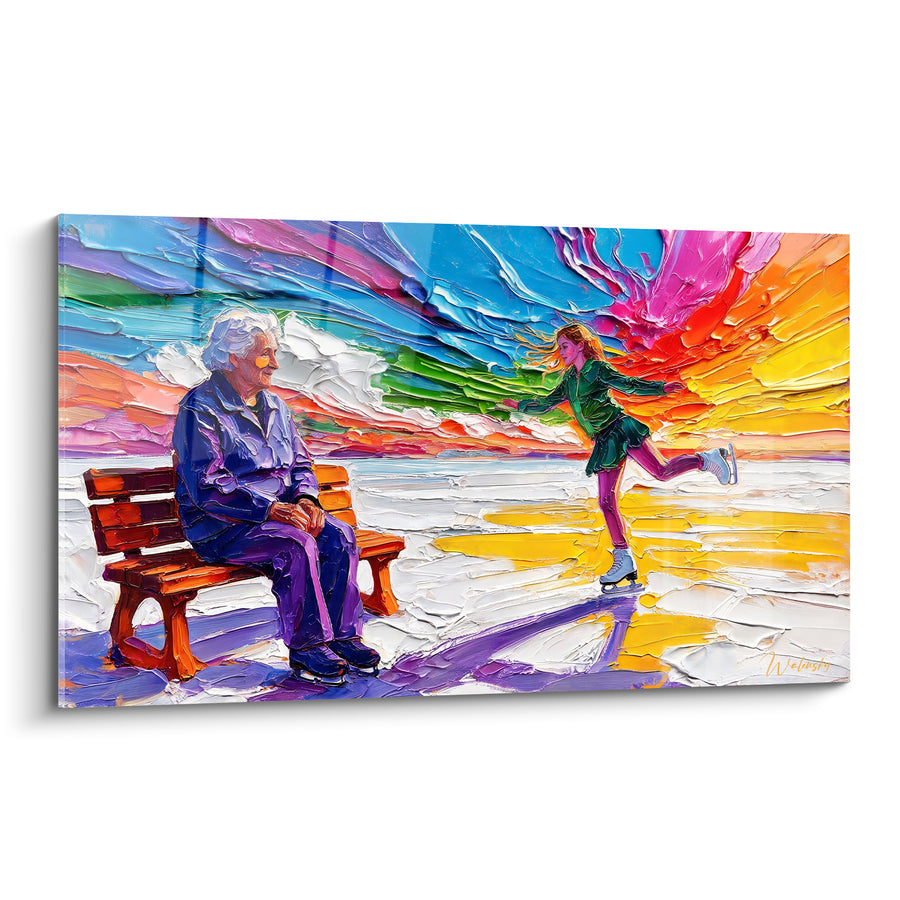 Tableau Patineuse en robe verte au coucher de soleil - Transmission joyeuse - Edition Patinage artistique