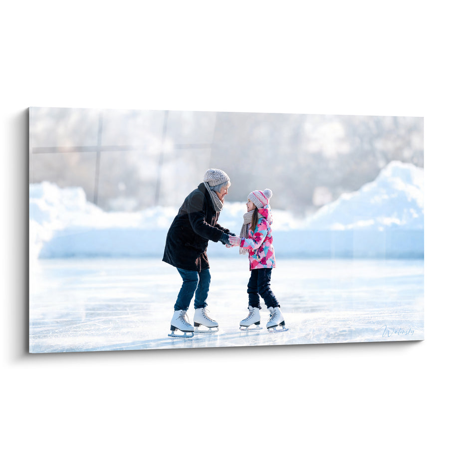 Tableau Patineuses anthracite et rose sur glace blanche - Transmission hivernale - Edition Patinage artistique