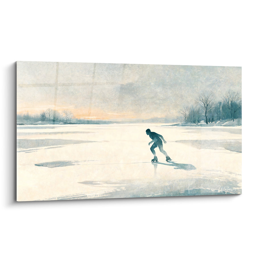 Tableau Patineur solitaire sur lac gelé bleu - Glisse silencieuse - Edition Patinage artistique