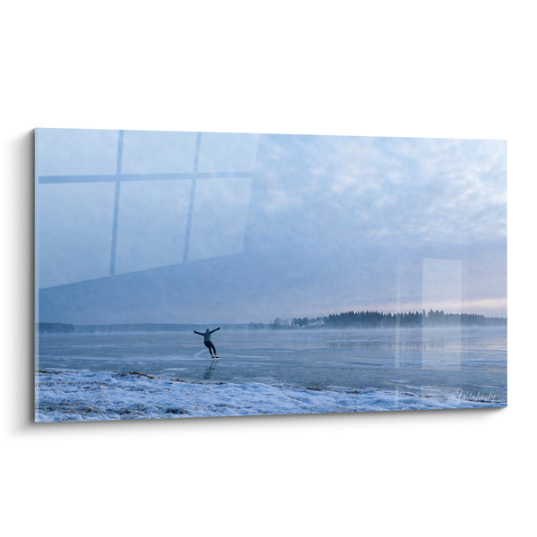 Painting of a Lone Skater on a Frozen, Misty Lake - Icy Freedom - Artistic Skating Edition