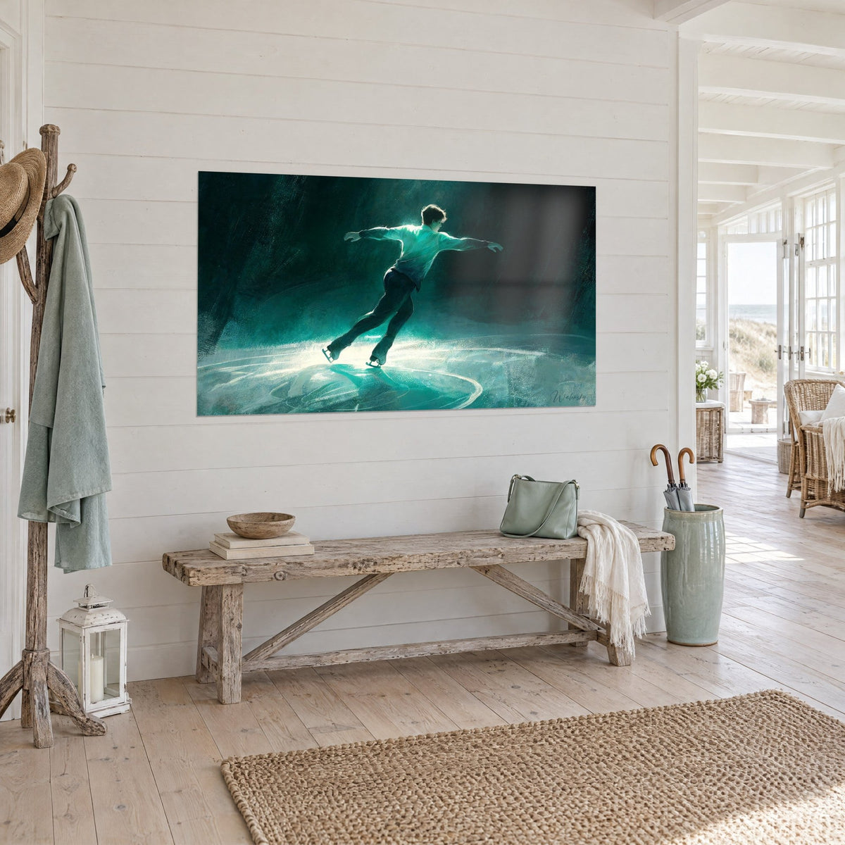 Wall art of a skater's suspended glide in a sea-green sweater, white blade and cream trails, white wall by the seaside