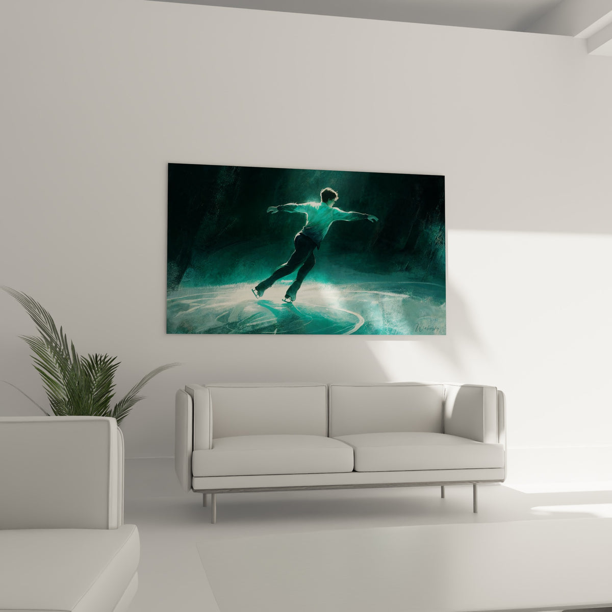 Élan gracieux du patineur baigné de lumière glacée au-dessus d'un canapé dans un salon lumineux