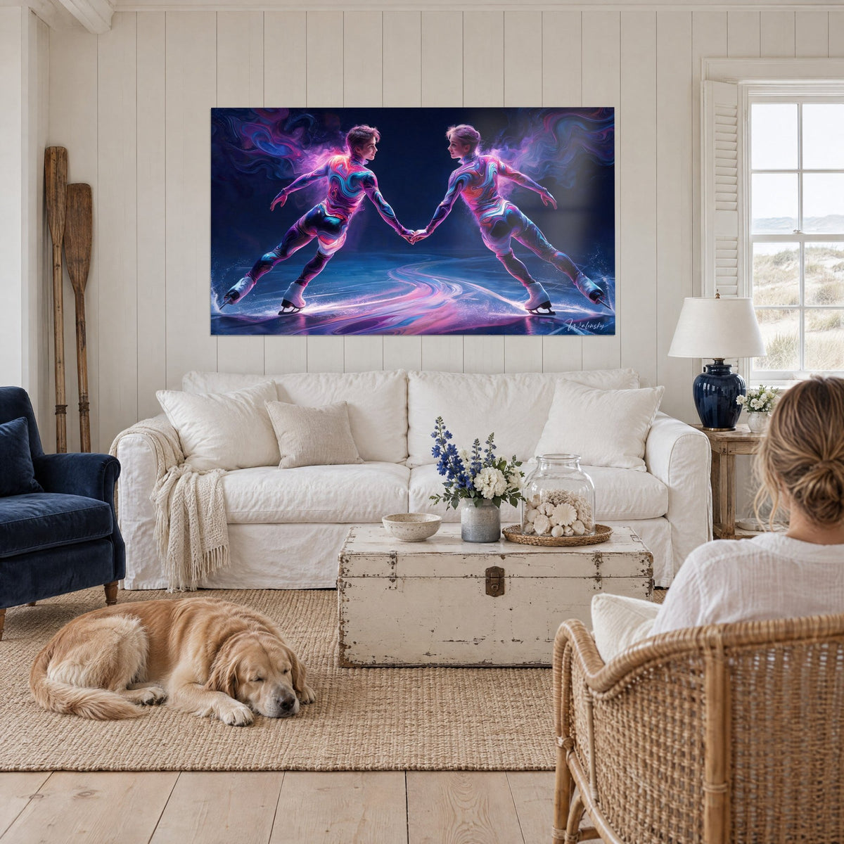 Wall art pair of figure skaters in marbled pink and blue costumes, hands joined, violet smoke, above a sofa in a bright living room