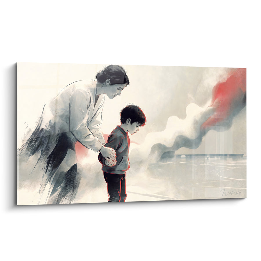 Tableau Mère et enfant sous fumée rouge - Réconfort avant l'épreuve - Edition Patinage artistique