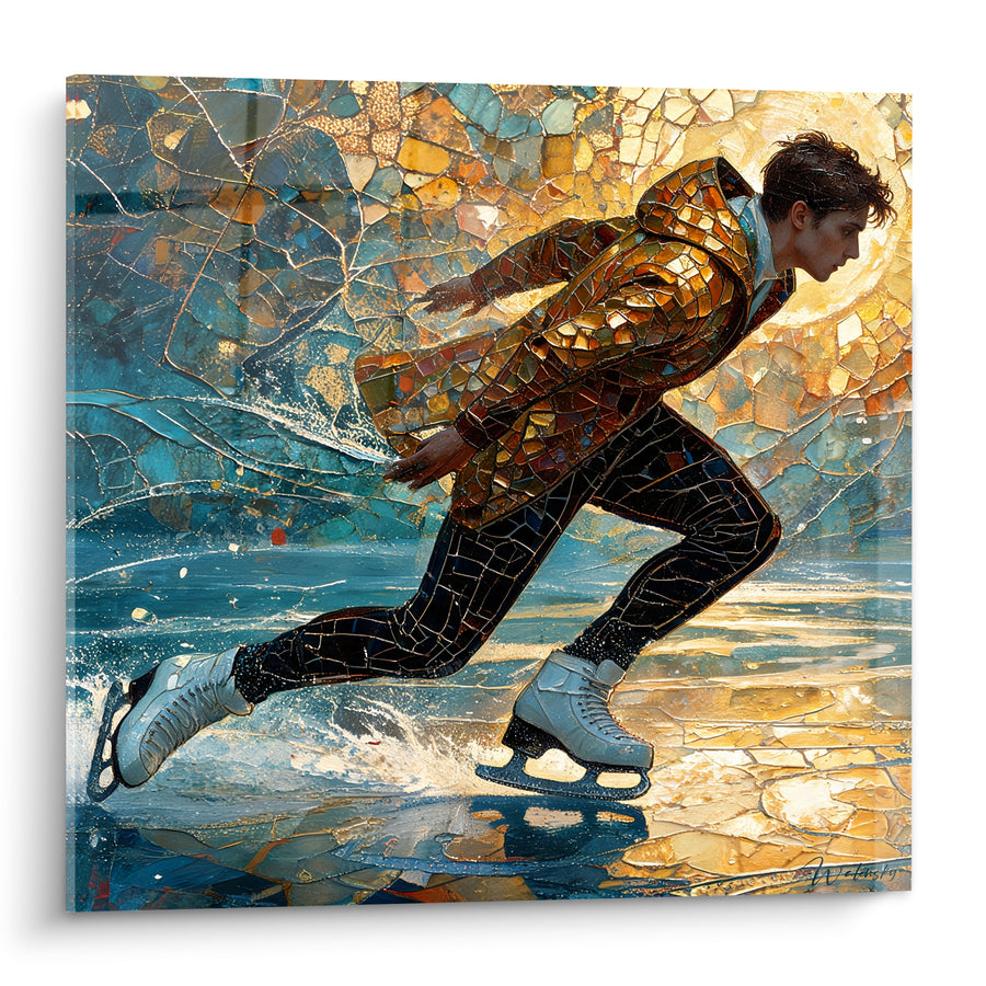 Tableau Patineur mosaïque doré et bleu turquoise - Élan fracturé - Edition Patinage artistique