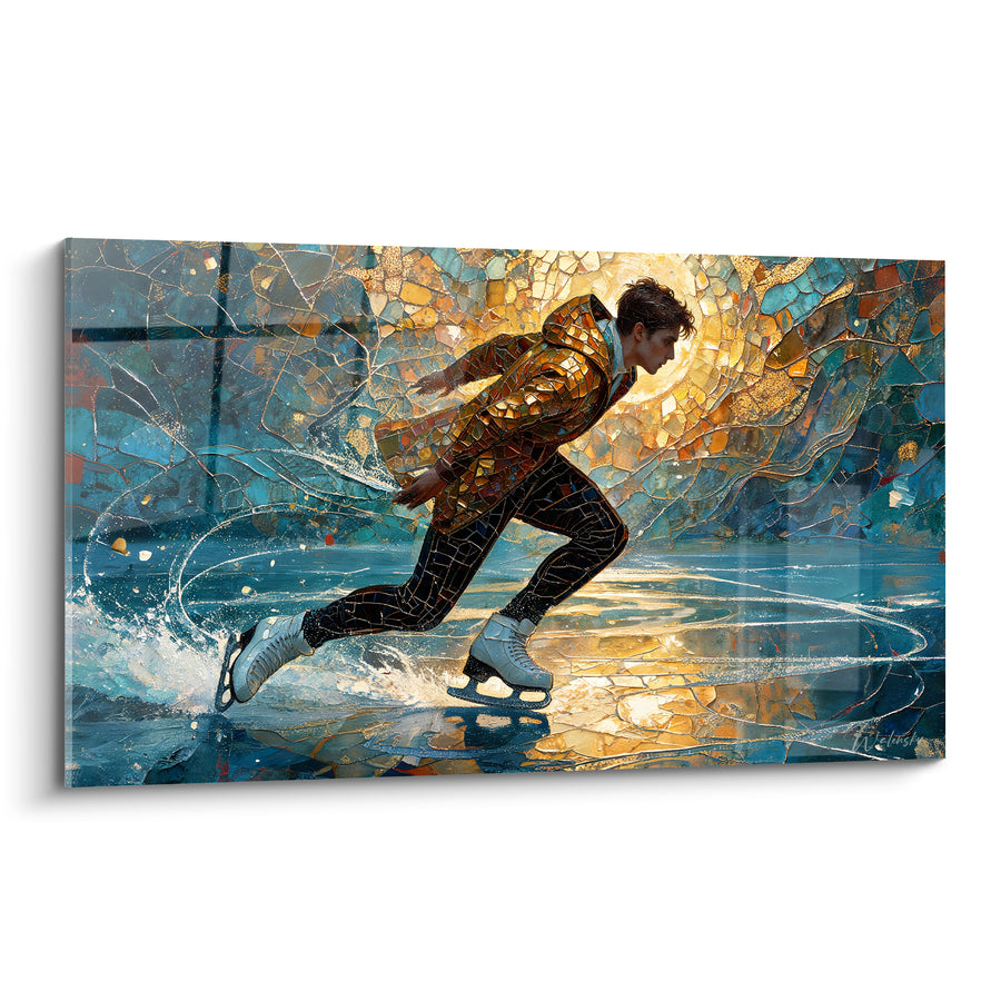 Tableau Patineur mosaïque bleu et doré - Élan fulgurant - Edition Patinage artistique