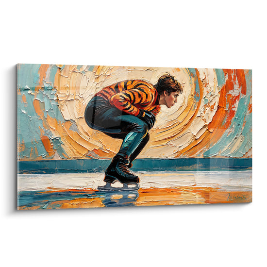 Tableau Patineur accroupi orange et turquoise - Tension avant l'envol - Edition Patinage artistique