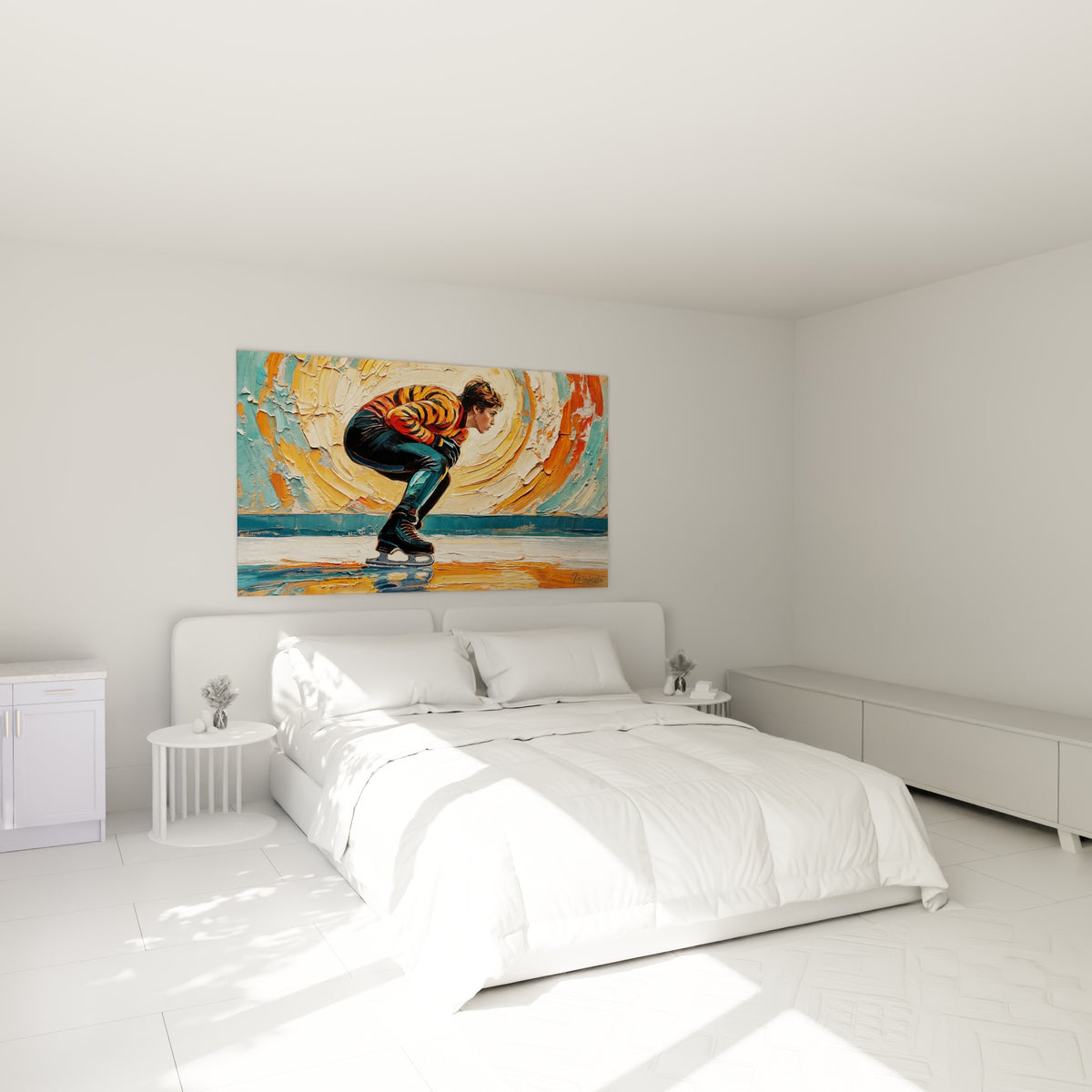 Silhouette figée en position de vitesse, tons orange et bleu glacier, accrochée au-dessus d'un lit dans une chambre claire