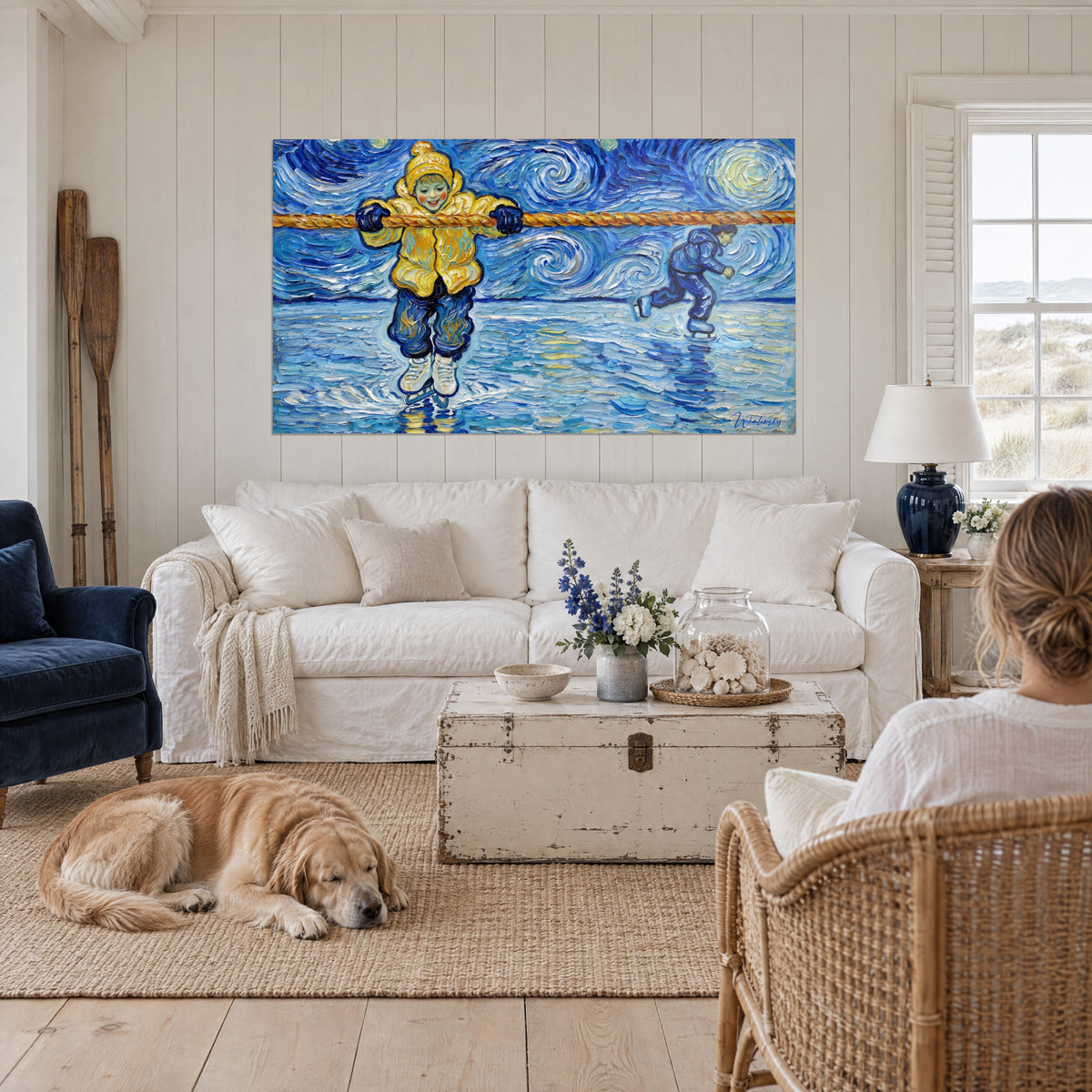 Wall art child skater in yellow down jacket, sky blue swirling spirals, golden rope, above a sofa in a bright living room