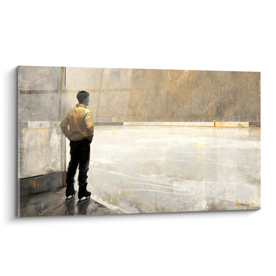 Tableau Patineur doré contemplant une patinoire blanche - Instant de concentration - Edition Patinage artistique