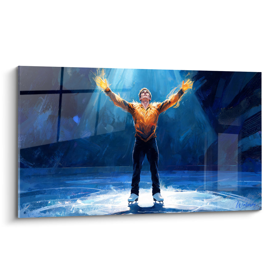 Tableau Patineur bleu et orange bras levés - Instant de gloire - Edition Patinage artistique