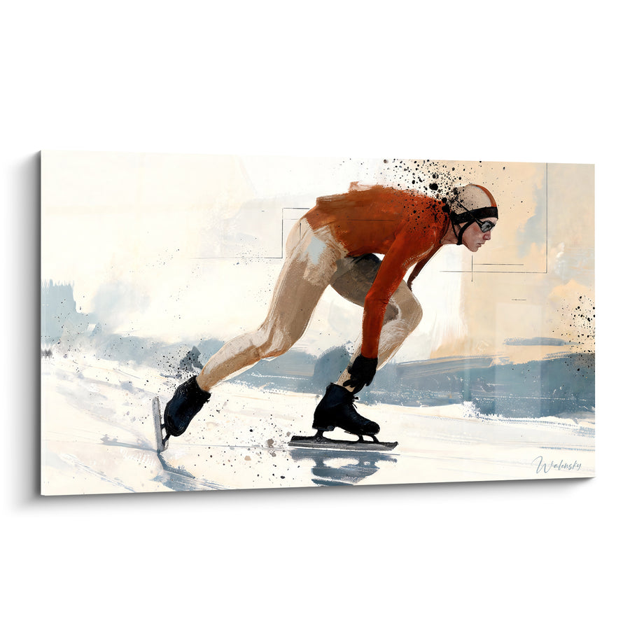 Tableau Patineur de vitesse combinaison orange penché - Élan vers la victoire - Edition Patinage artistique