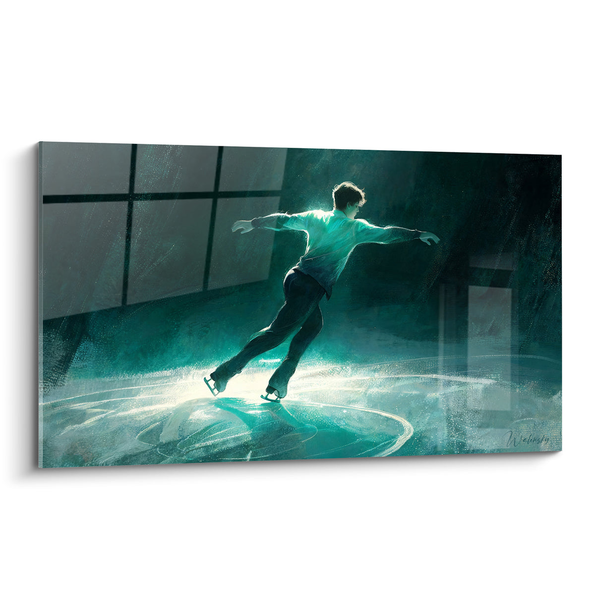 Patineur bras ouverts glissant dans une lumière turquoise sur fond anthracite intense