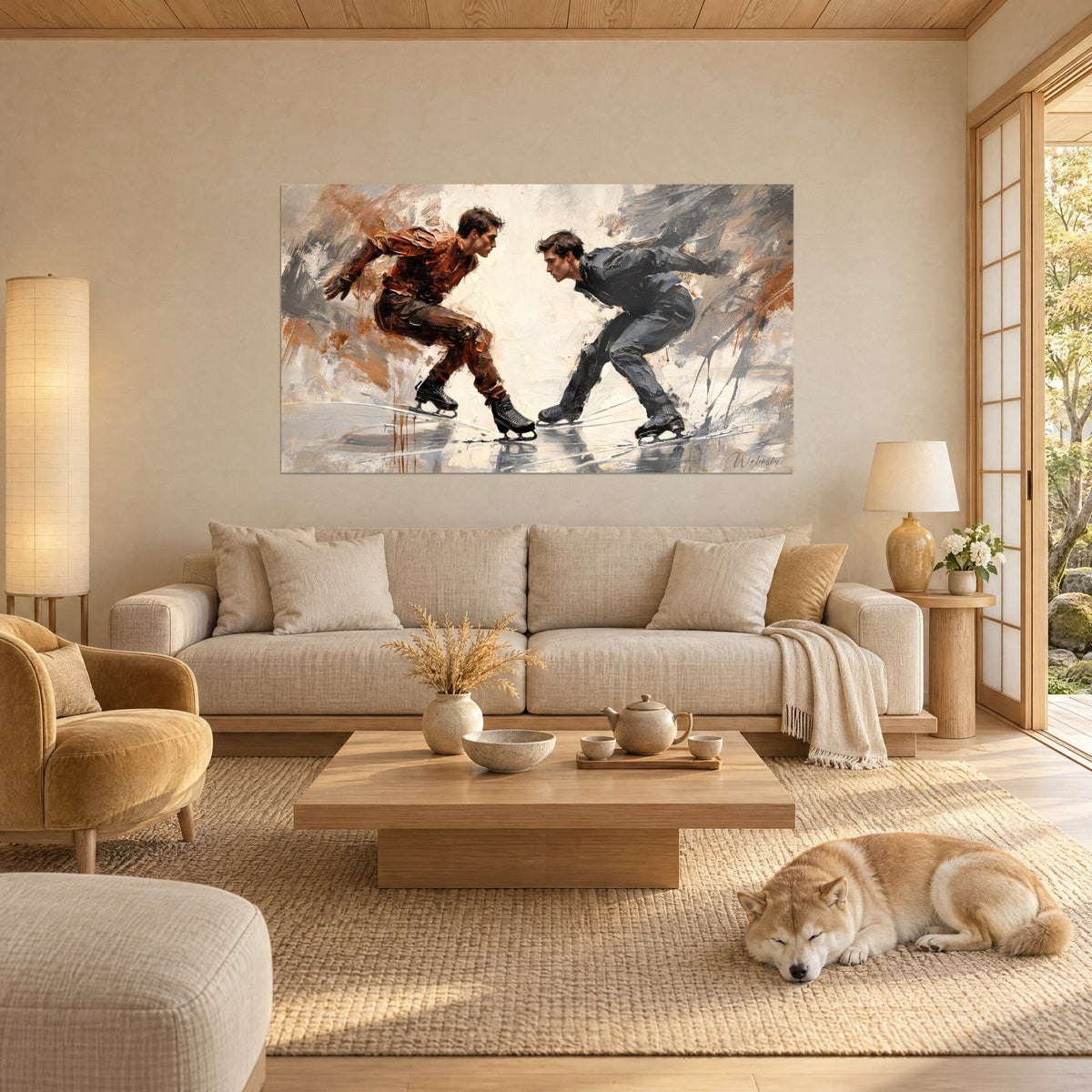 Wall art of two figure skaters in copper brown and charcoal grey, palette-knife strokes on cream background, sleeping Shiba, above a sofa in a bright living room