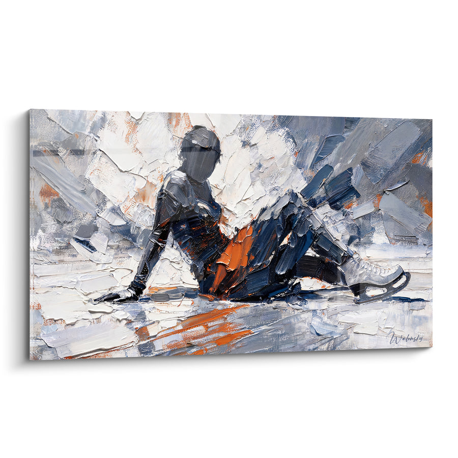 Tableau Patineuse assise sur glace anthracite orangée - Chute suspendue - Edition Patinage artistique