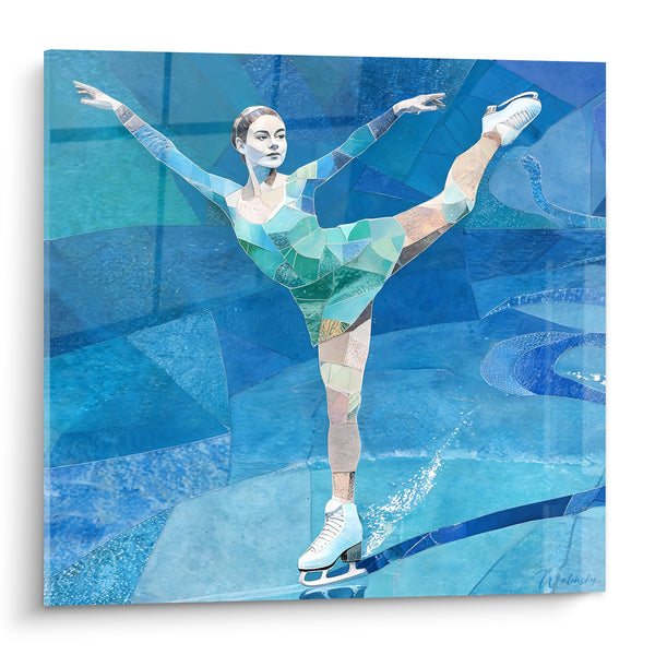 Gemälde Eiskunstläuferin Blau und Grün in Arabesque - Gleichgewicht auf Eis - Edition Eiskunstlauf