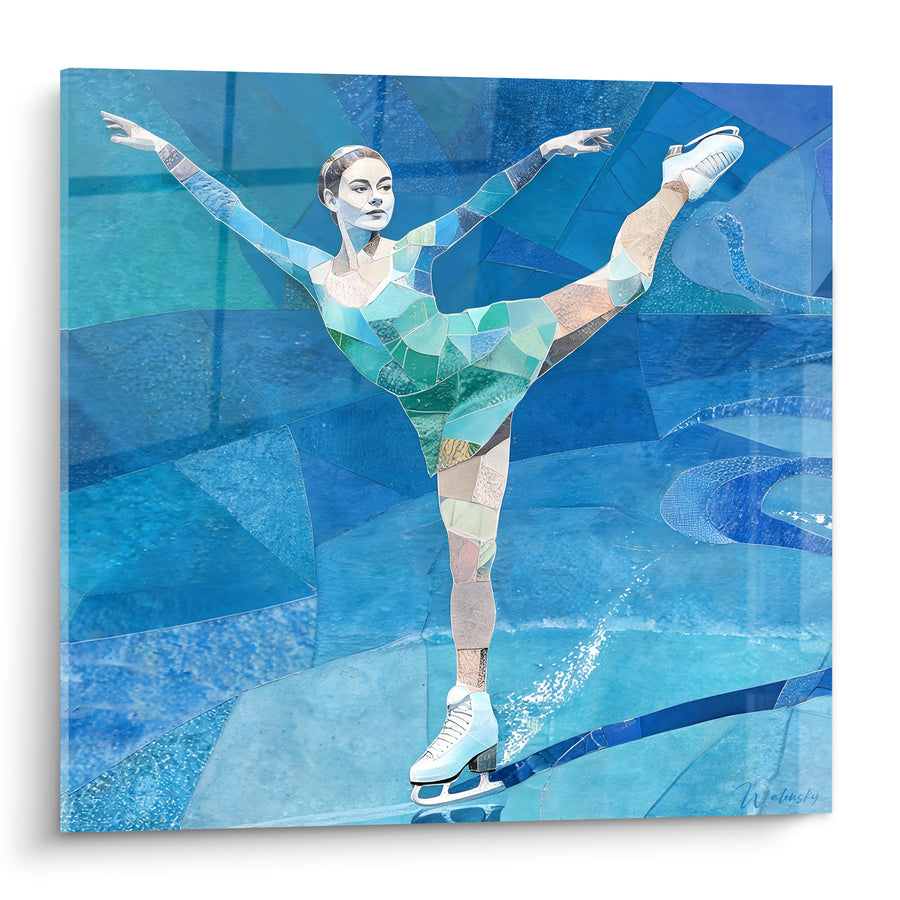 Tableau Patineuse bleue et verte en arabesque - Équilibre glacé - Edition Patinage artistique