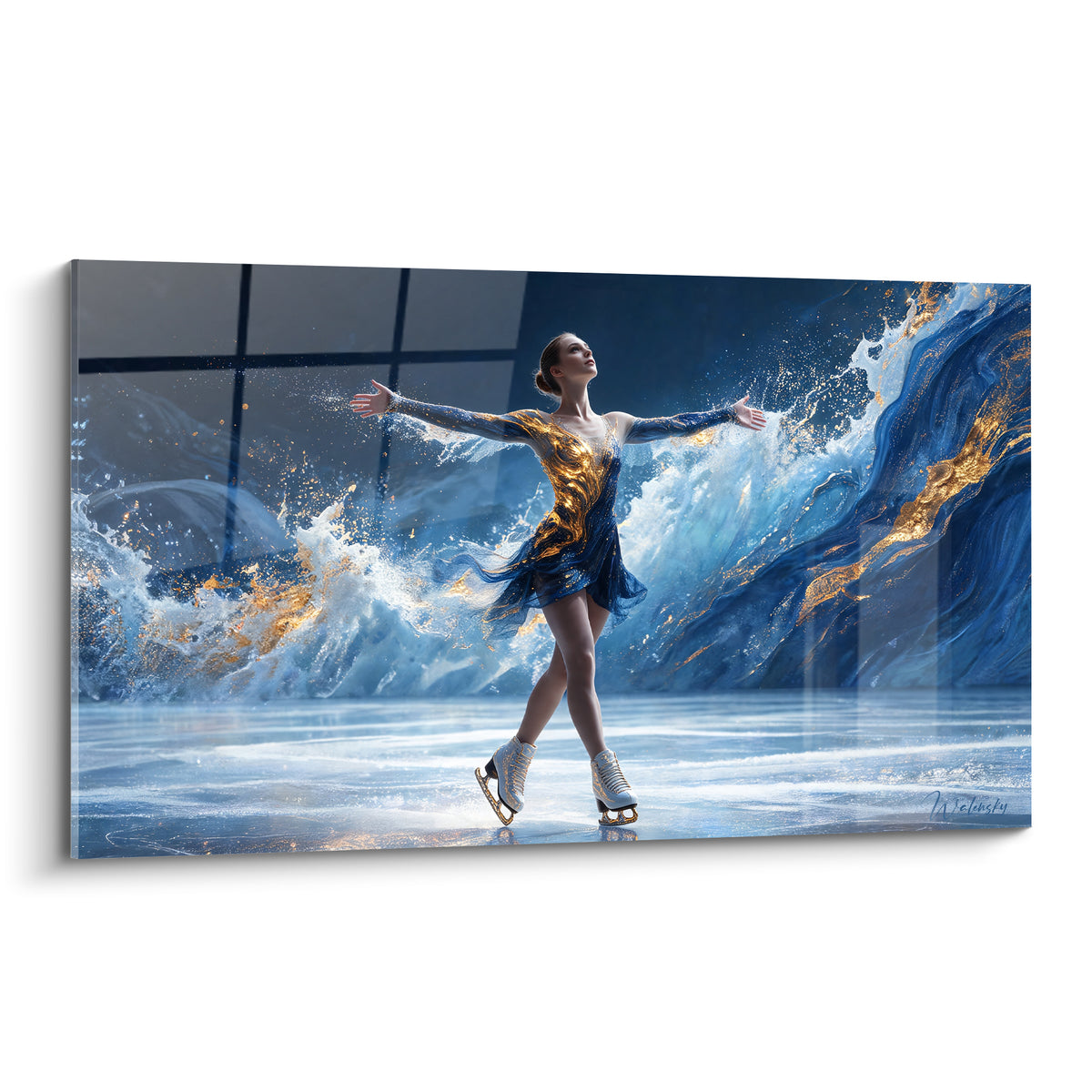 Patineuse en robe bleu marine et or, bras ouverts devant une vague peinte figée