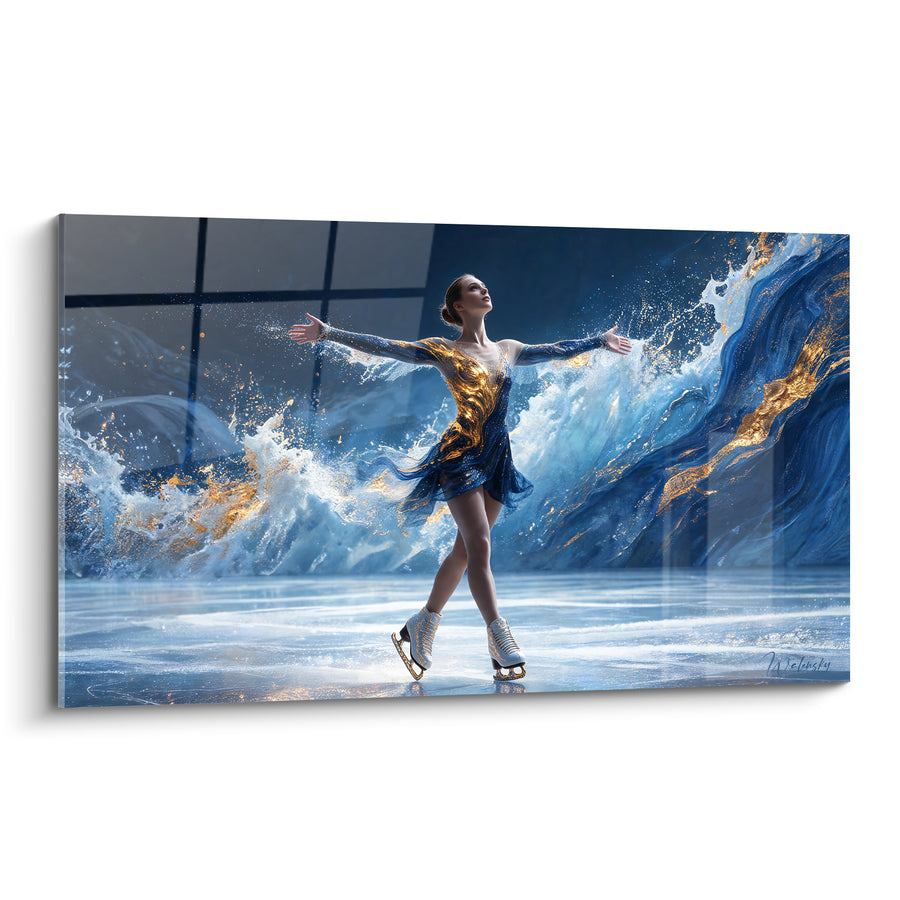 Tableau Patineuse robe bleue et dorée éclaboussée de vagues - Vague déferlante scintillante - Edition Patinage artistique