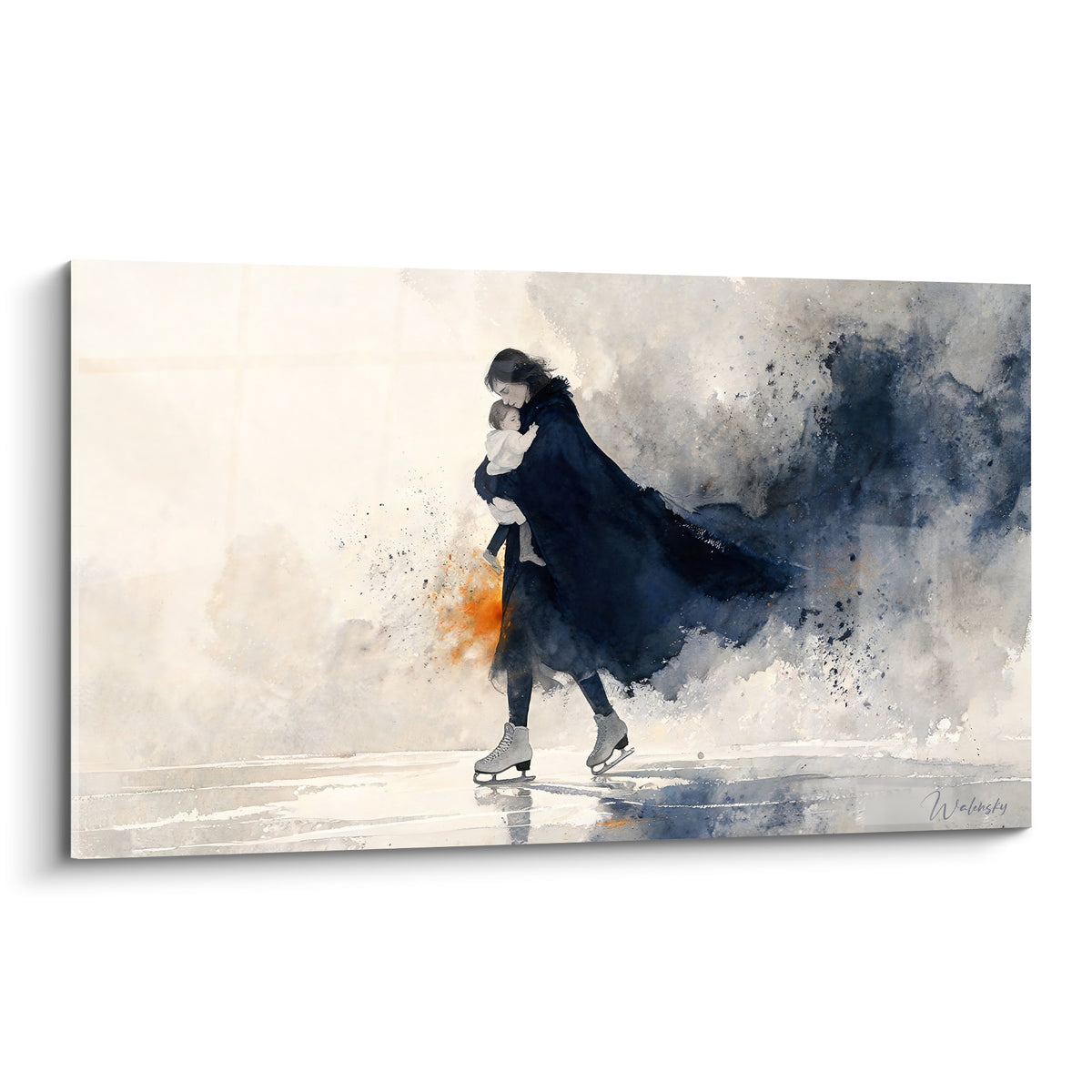Patineuse en cape bleu marine tenant un enfant, aquarelle anthracite et touches ocre
