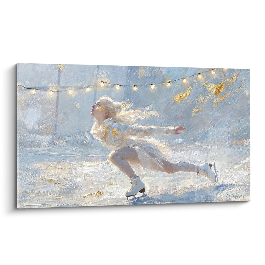 Tableau Patineuse blanche et dorée sur glace - Envol sur la glace - Edition Patinage artistique