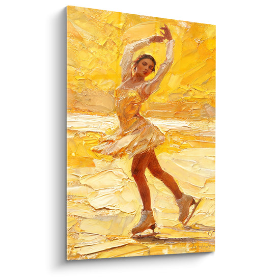 Tableau Patineuse dorée aux bras levés sur glace ambrée - Jupe virevoltante ensoleillée - Edition Patinage artistique