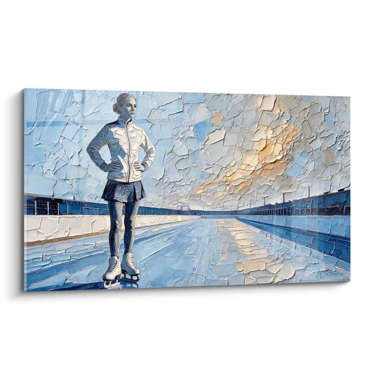 Patineuse en veste blanche et jupe bleu marine, debout sur une piste glacée craquelée et dorée