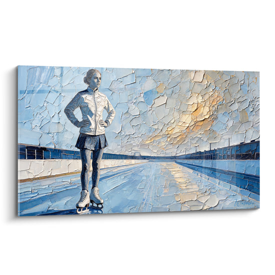 Tableau Patineuse debout sur piste bleue et dorée - Avant l'envol - Edition Patinage artistique