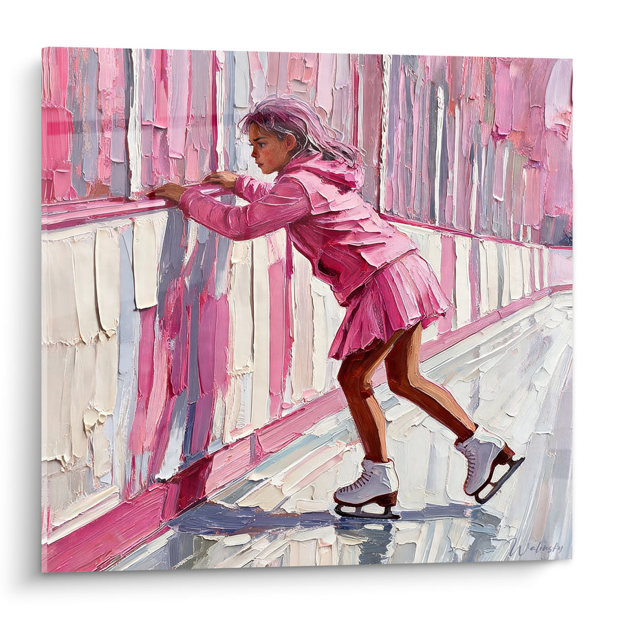 Tableau Patineuse rose s'appuyant à la bande - Premiers pas sur glace - Edition Patinage artistique