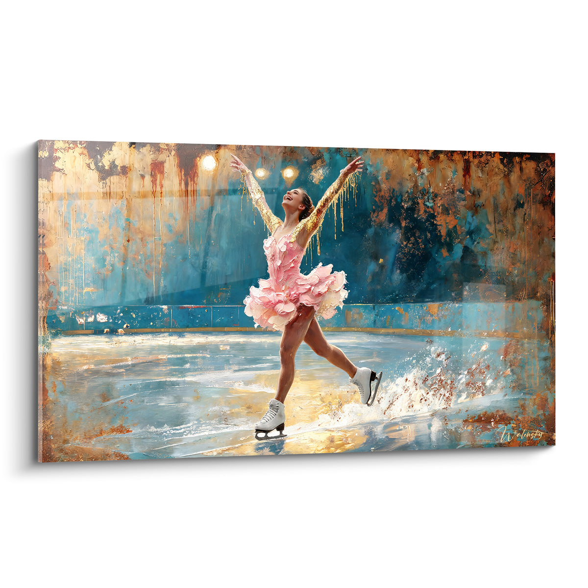 Patineuse en tutu rose bras levés sur glace dorée et bleu pétrole, geste de victoire triomphant