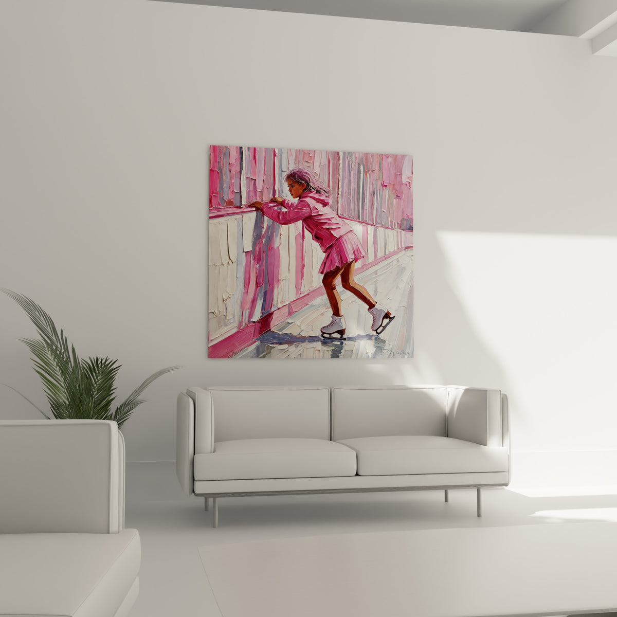 Jeune patineuse en rose vif s'élançant sur la glace, tableau patinage artistique au-dessus d'un canapé dans un salon lumineux