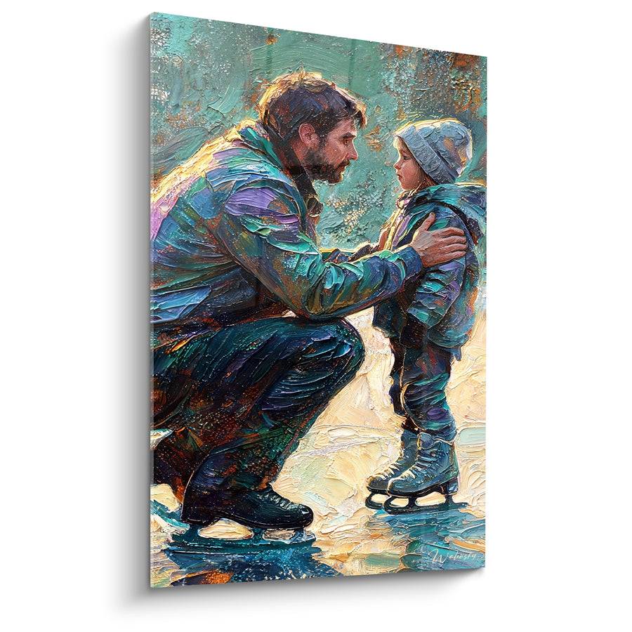Tableau Père et enfant patineurs turquoise et or - Premiers pas ensemble - Edition Patinage artistique